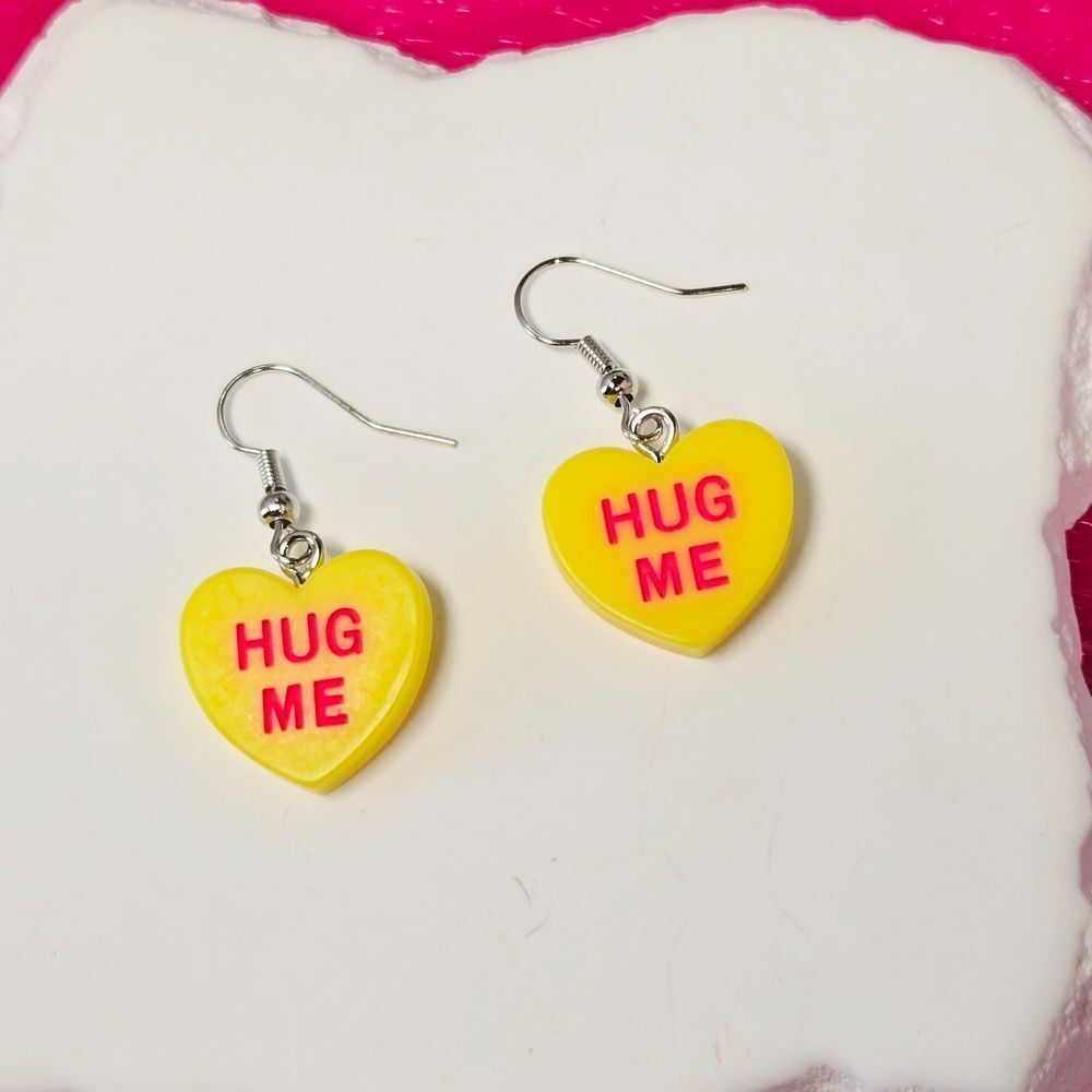2/$25 Nostalgic Candy Heart Resin Dangle Earrings 💖 Hug Me Conversation Hearts - Picture 2 of 5